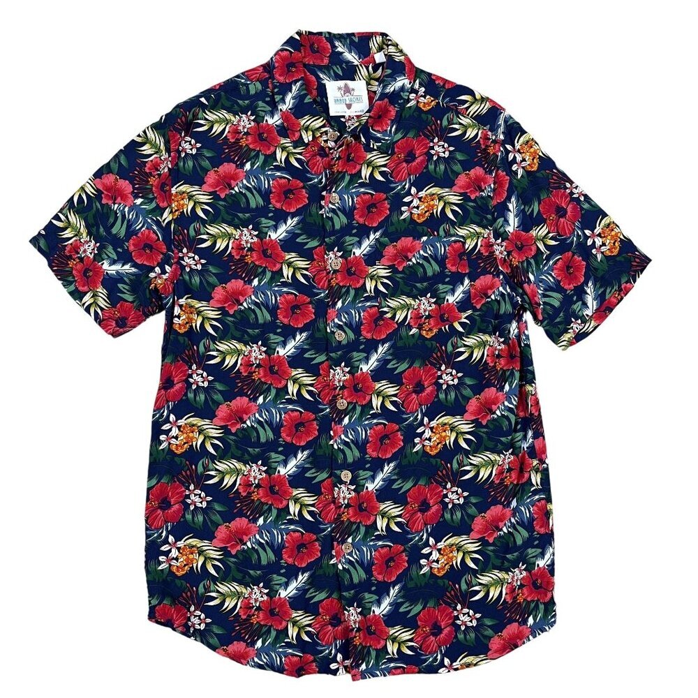 Urban Shores Button Down Mens Medium Navy Blue Tropical Hibiscus Floral Camp